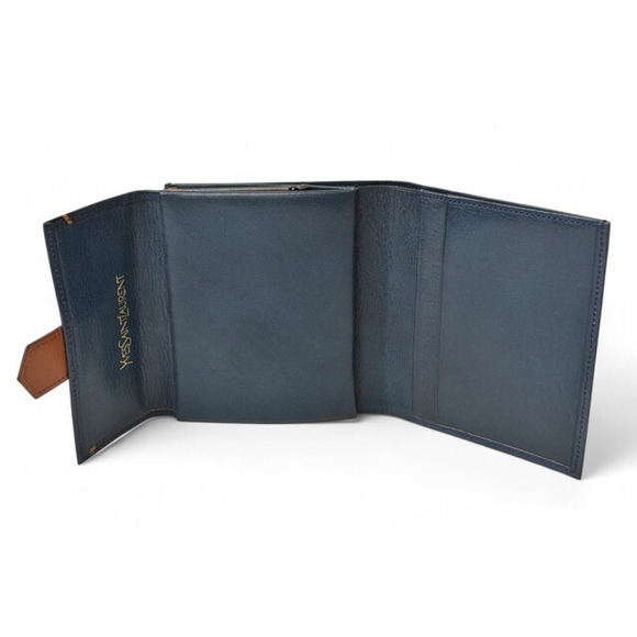 Yves Saint Laurent Tri Fold Wallet Leather YSL Navy Blue Brown - Picture 6 of 12